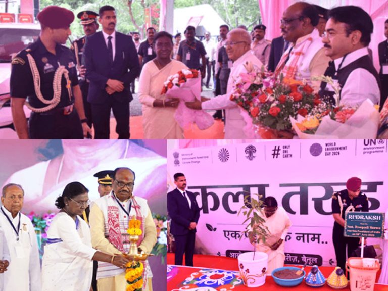 राष्ट्रपति ने जनजातीय महासम्मेलन को किया संबोधित:दीप प्रज्ज्वलित कर किया शुभारंभ, राज्यपाल ने किया स्वागत; ओंकारेश्वर के लिए रवाना हुईं